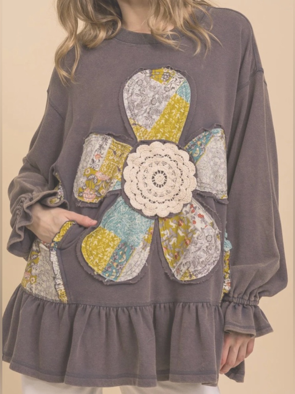NWT-BlueVelvet French Terry Flower Applique Patchwork Top - Washed Denim, Med.